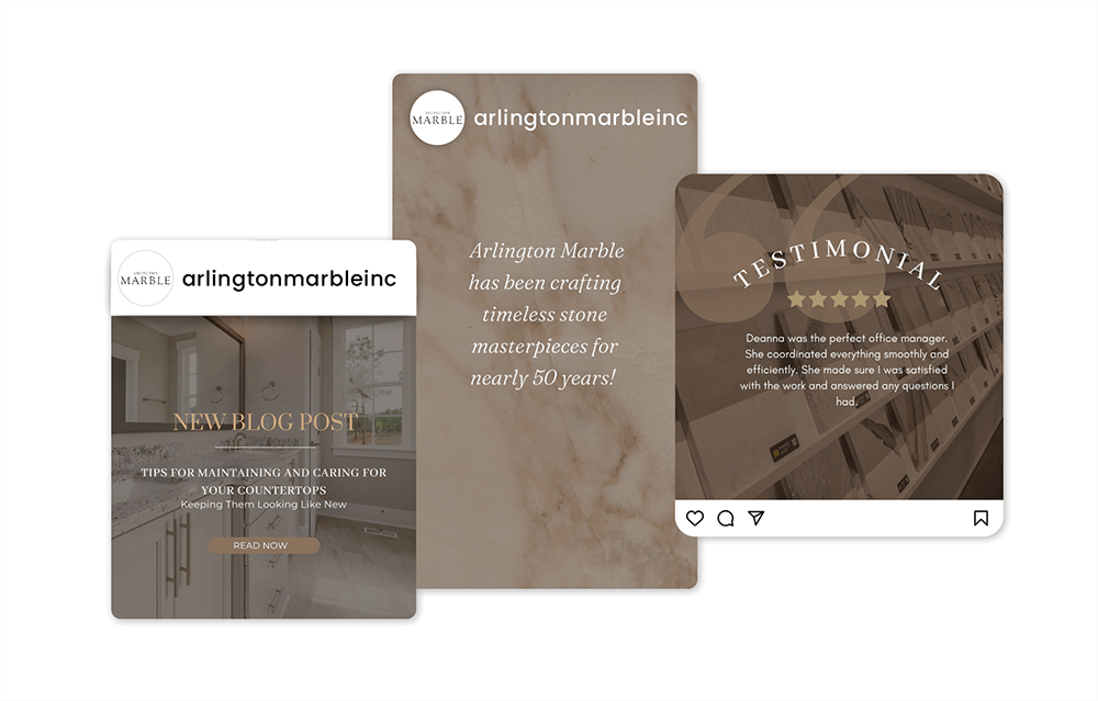 Sample social media posts and social media blog post created for Arlington Marble.