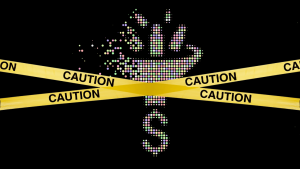 Illustration of a sales funnel covered with caution tape - challenges and solutions in digital marketing strategies.