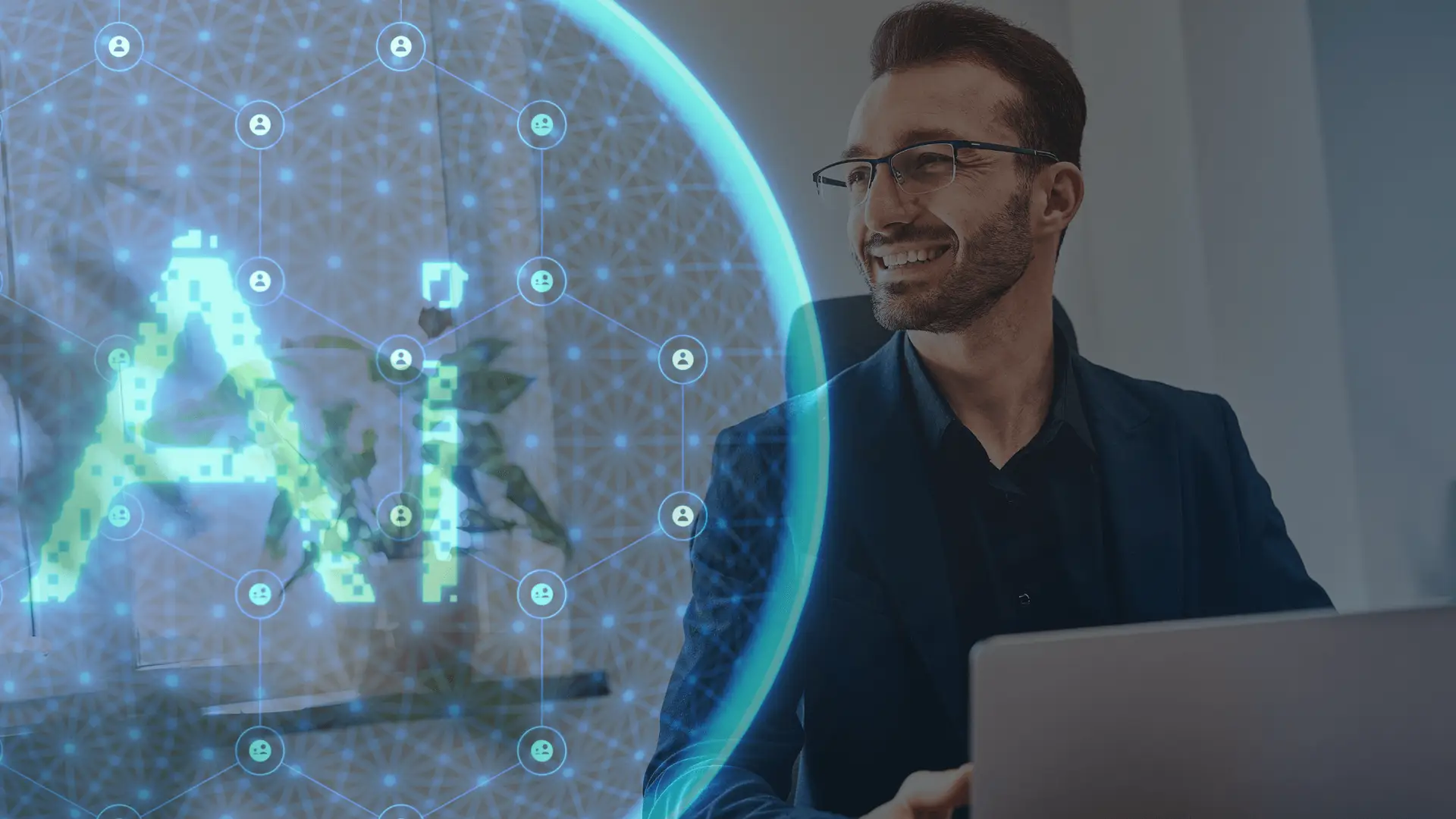A smiling marketing manager using a laptop, with a glowing "AI" graphic and digital network overlay, symbolizing the integration of AI tools and technology into modern digital marketing leadership.