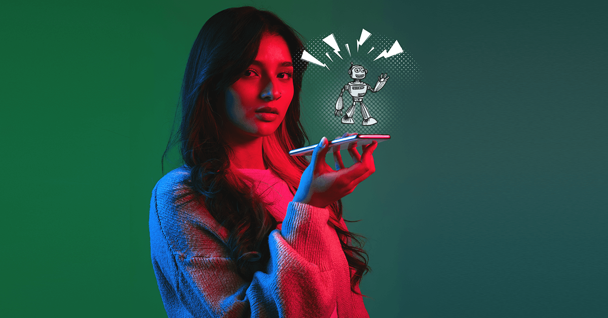 Woman holding smartphone with cartoon robot pop-up, symbolizing authentic ads versus AI-generated marketing.