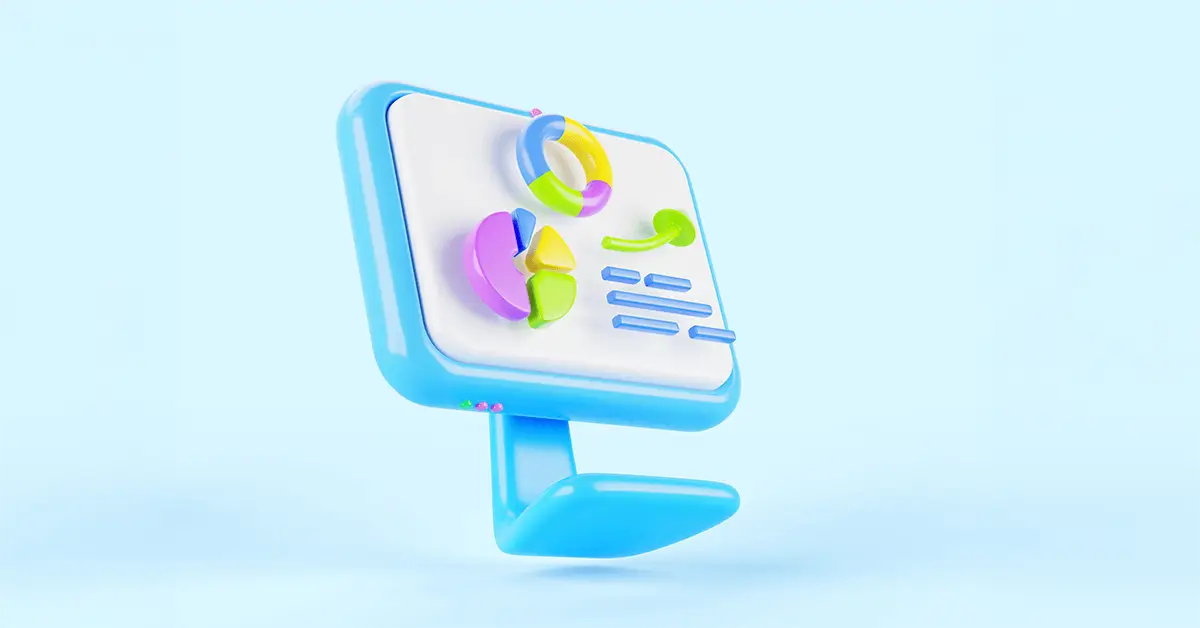 3D graphic of a monitor displaying a pie chart and other marketing data visualizations.
