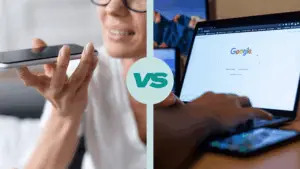 A split-screen comparison showing a woman using voice search on a smartphone and a person typing on a laptop with the Google homepage, illustrating the difference between AEO and SEO.
