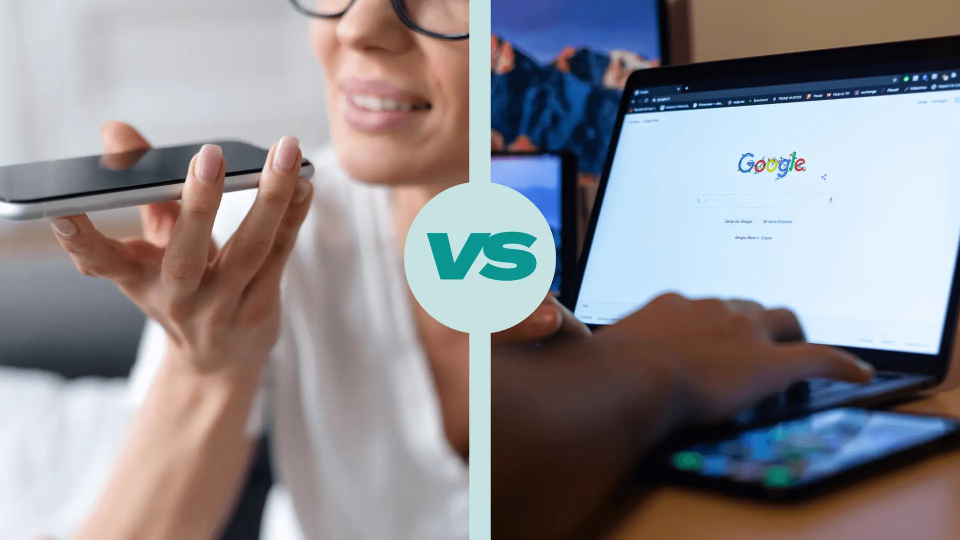 A split-screen comparison showing a woman using voice search on a smartphone and a person typing on a laptop with the Google homepage, illustrating the difference between AEO and SEO.