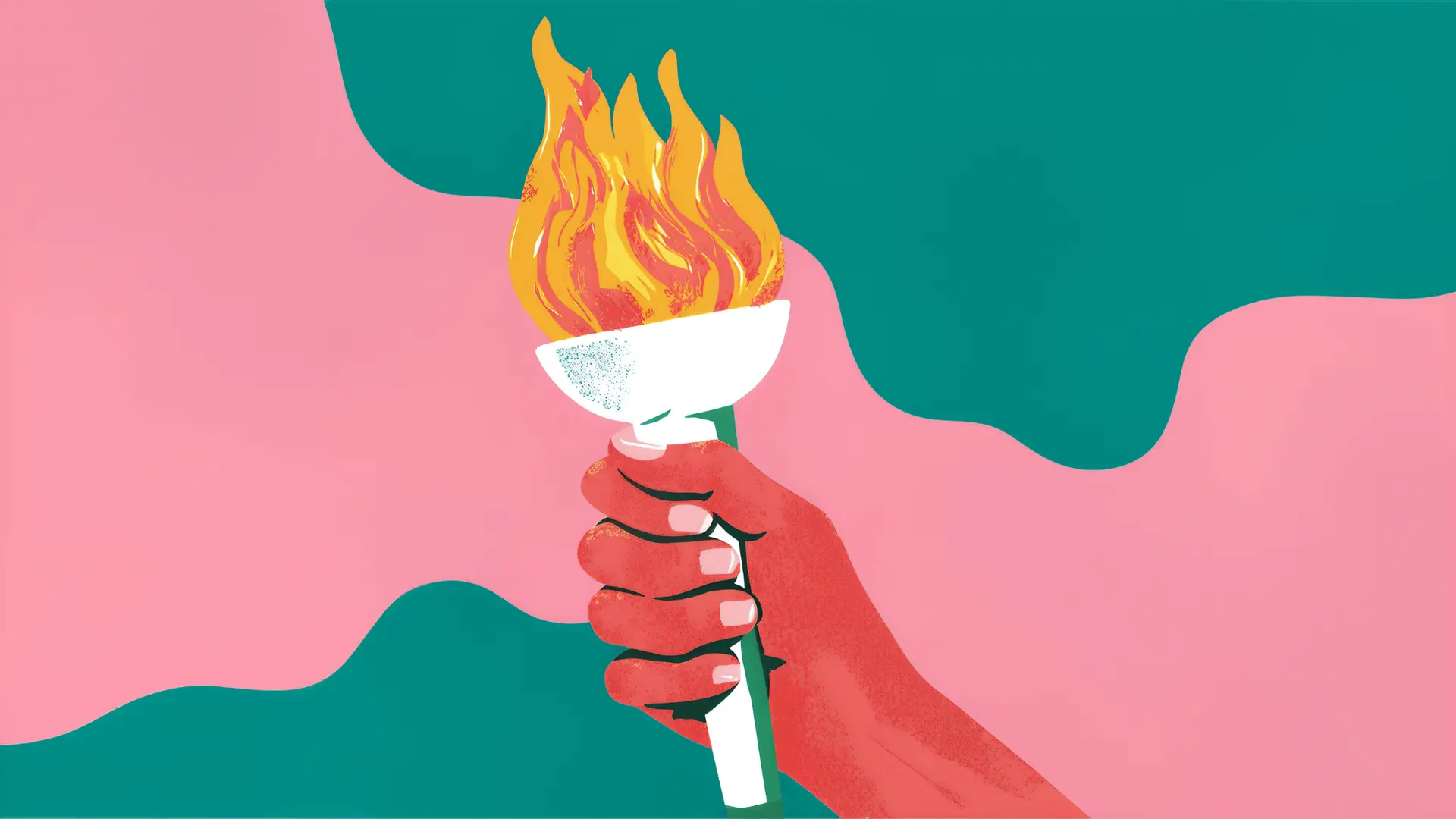 An illustrated hand holding a lit Olympic torch against a vibrant pink and teal wavy background, symbolizing the power of Olympic marketing strategy and brand storytelling.