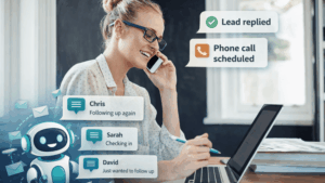 A woman smiling while speaking on a phone, with digital graphic overlays showing an AI chatbot assisting with lead replies and scheduled phone calls.