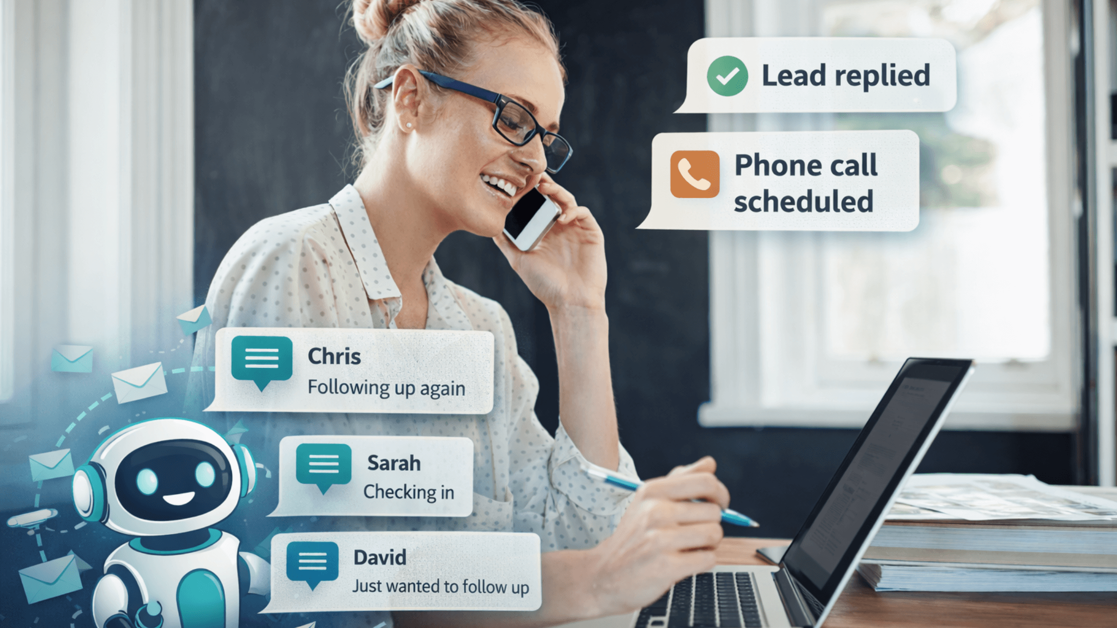 A woman smiling while speaking on a phone, with digital graphic overlays showing an AI chatbot assisting with lead replies and scheduled phone calls.