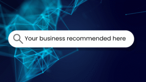 A search bar with the text 'Your business recommended here' over a blue digital network background, representing Life In Motion Marketing's Answer Engine Optimization services.
