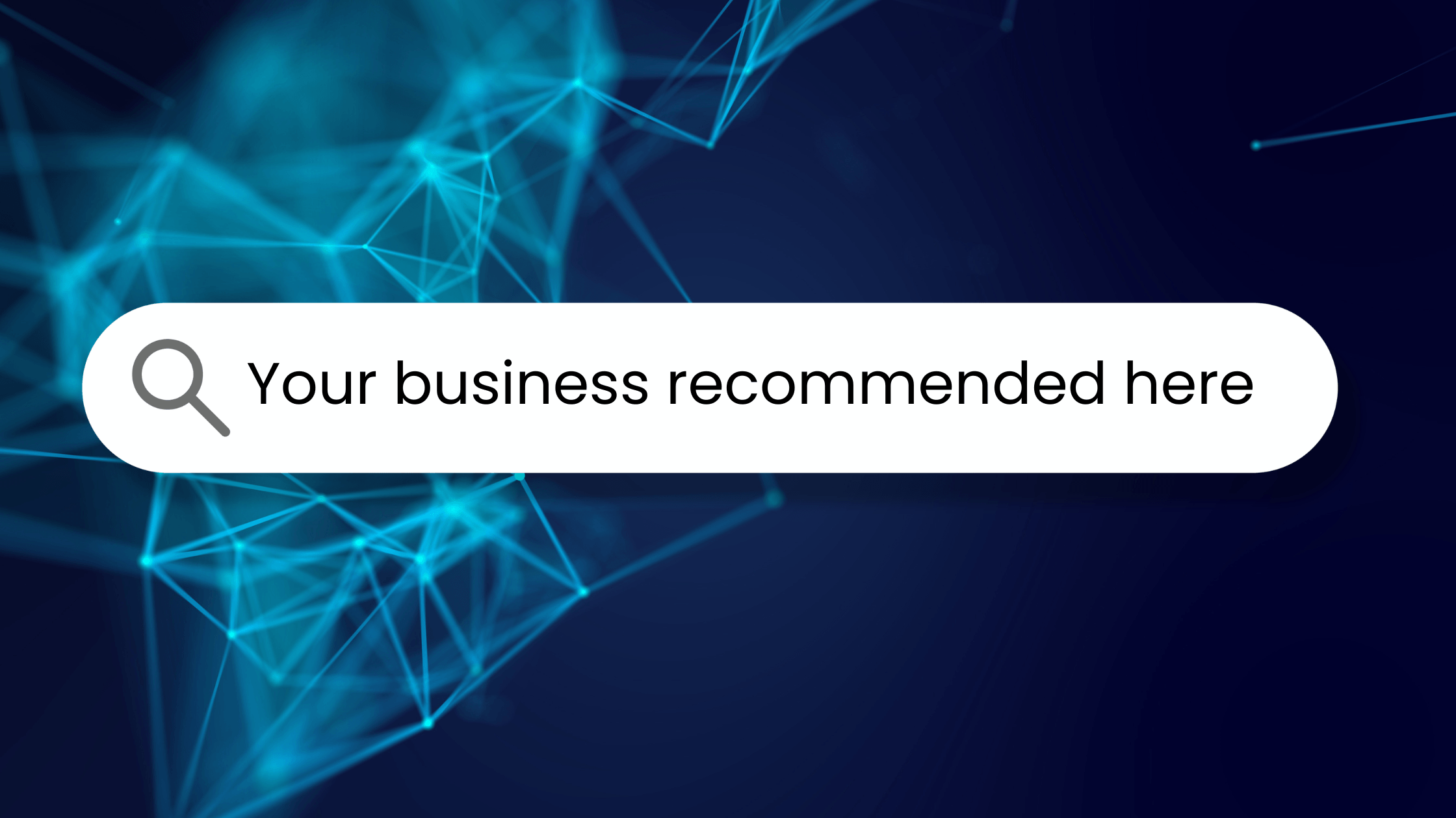 A search bar with the text 'Your business recommended here' over a blue digital network background, representing Life In Motion Marketing's Answer Engine Optimization services.